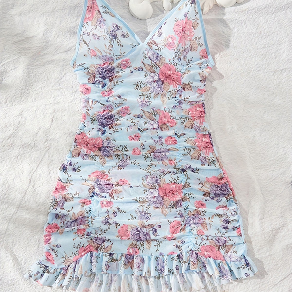 Sexy lace mesh print camisole dress with floral design, elegant womens intimate sleepwear set for us & eu markets.