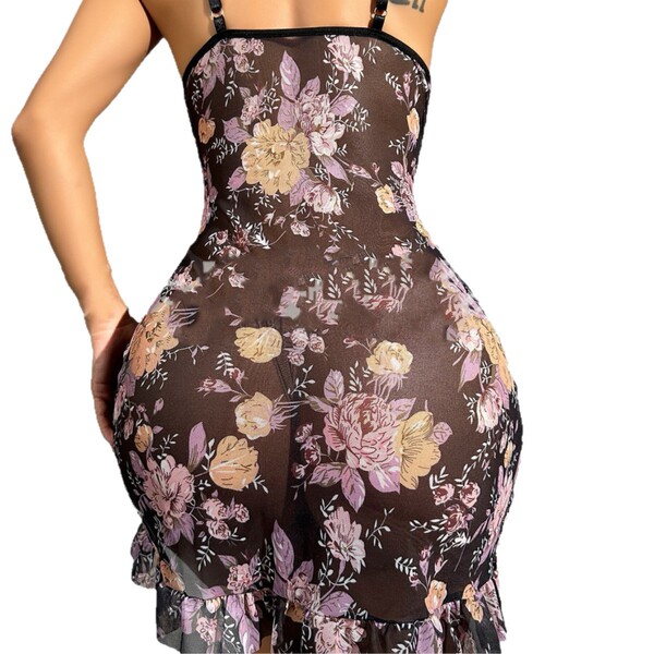 Sexy lace mesh print camisole dress featuring elegant floral design, perfect for womens intimate sleepwear sets.