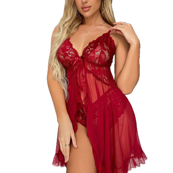 Sexy lace mesh two-piece sleepwear set featuring sheer transparent slip dress with matching bralette, perfect for women seeki...
