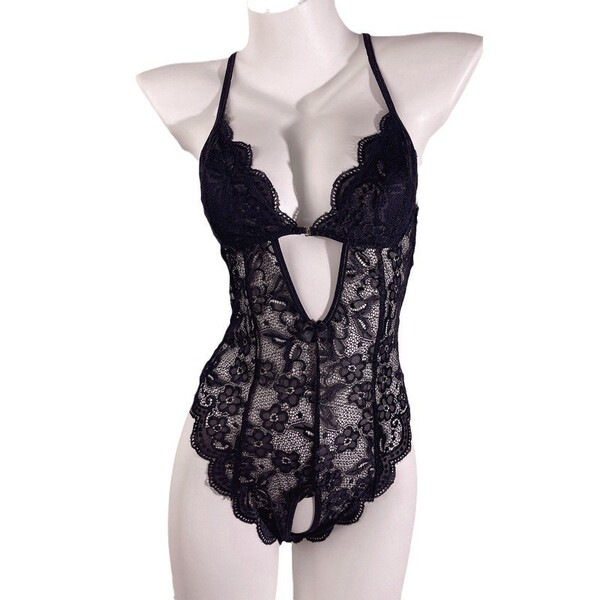 Sexy black lace bodysuit with open crotch, sheer floral design for women’s seductive sleepwear or costume outfit.