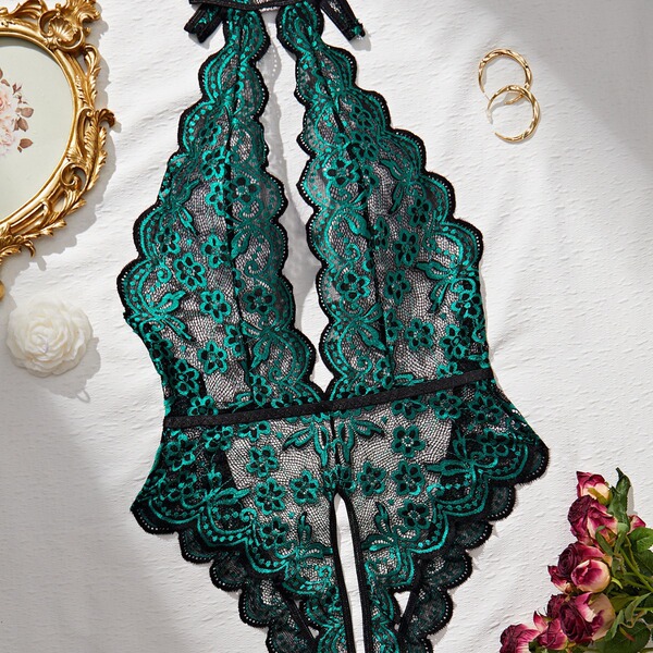 Sexy lace see-through lingerie set featuring deep v open cup hookless bra and crotchless bodysuit, perfect for women seeking ...