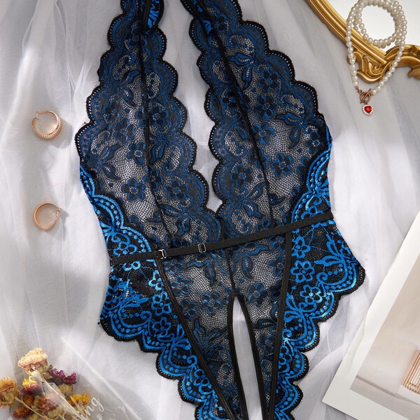 Sexy lace see-through lingerie set featuring deep v open cup hookless bra and crotchless bodysuit, perfect for women seeking ...