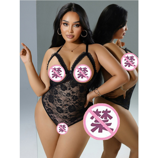 Woman modeling black lace see-through lingerie set with open-crotch design, sheer mesh bodysuit for women.