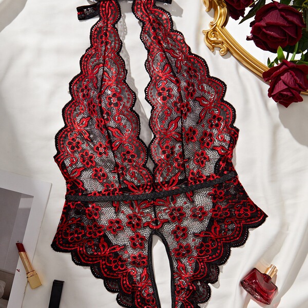 Sexy lace see-through lingerie set featuring deep v open cup hookless bra and crotchless bodysuit, perfect for women seeking ...