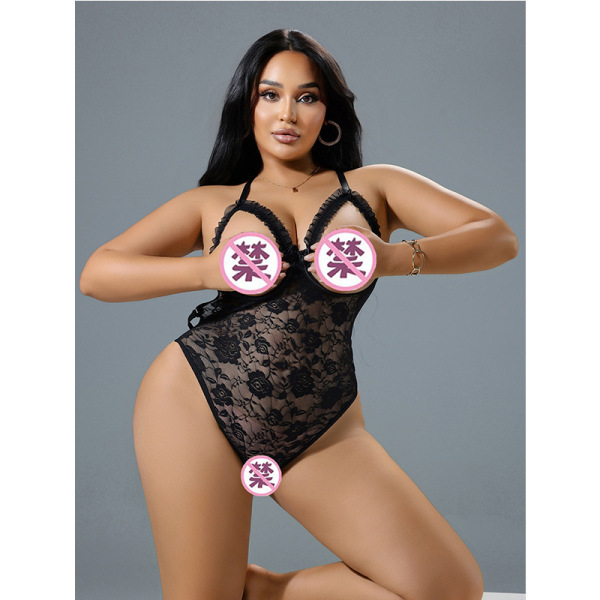 Woman modeling black lace see-through lingerie set with open-crotch design, sheer mesh sleepwear for women.