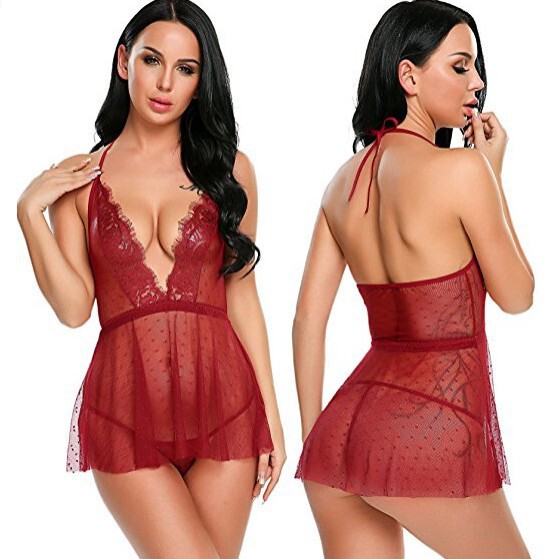 Sexy lace see-through lingerie set featuring elegant design with deep neckline and delicate lace details, perfect for premium...