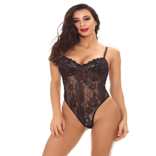 Sexy lace sheer bodysuit for women featuring adjustable straps and cut-out details, perfect for style thin shapewear and sl...
