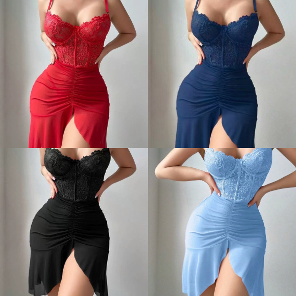 Sexy lace sheer lounge set for women: mesh bodysuit & pencil skirt in red, blue, black, and light blue.