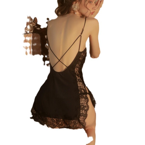 Sexy lace sleep dress featuring deep v-neckline and sheer cutouts, perfect for seductive bedroom lingerie set.
