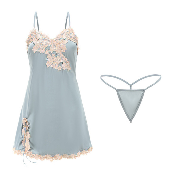 Sexy lace sleep dress with sheer back and slit, made from breathable ice silk, perfect for sensual nightwear.