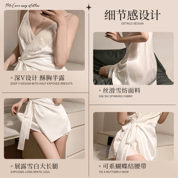 Sexy lace sleep dress for women – breathable ice silk slip with deep v, butterfly bow waist, and sensual fit for romantic nig...