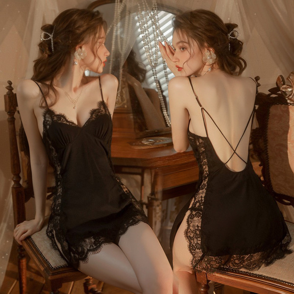 Sexy lace sleep dress for women, featuring sheer mesh fabric and delicate lace details. flirty design with no-remove style, p...