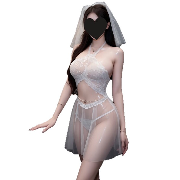 Sexy lace sleep dress for women, sheer bridal lingerie set with veil, elegant and alluring intimate outfit.