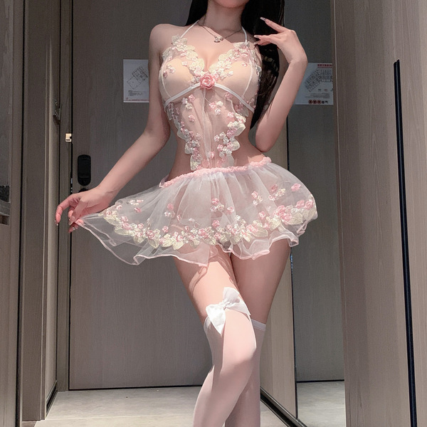 New sexy lace sleep set for women featuring sheer mesh cami dress with floral embroidery, delicate lace details, and matching...