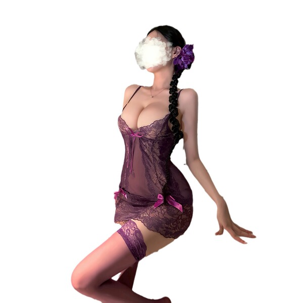Sexy lace sleep set for women featuring sheer transparent design, elegant floral accents, and a captivating sheer dress with ...