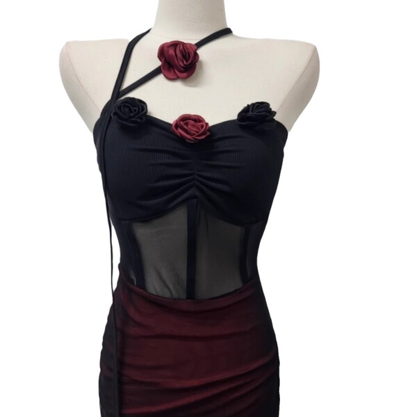 Black and burgundy mesh nightgown with rose embellishments, featuring a cheongsam-inspired design and matching skirt for wome...