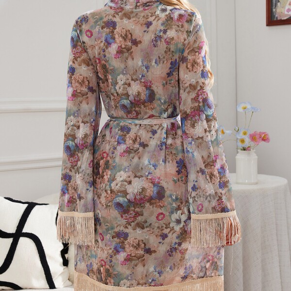 Floral lace robe with ties and open back, featuring fringe details for a stylish sleepwear set.