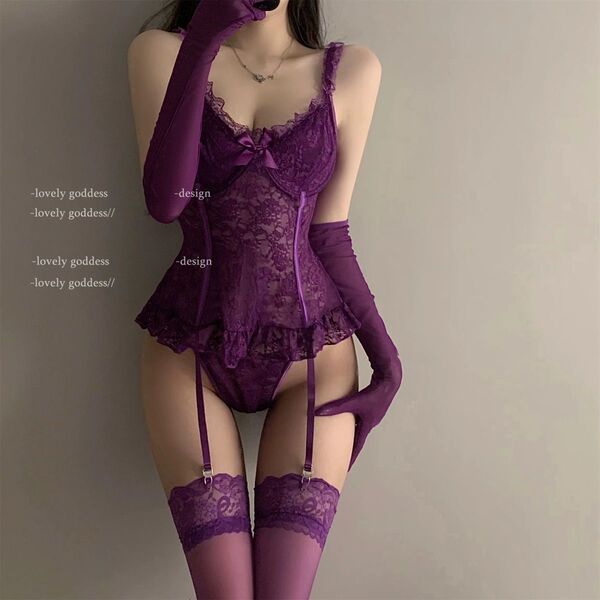 Sexy lace sleepwear featuring a busty-looking mesh chemise with sheer bodice and seductive thigh-high socks.
