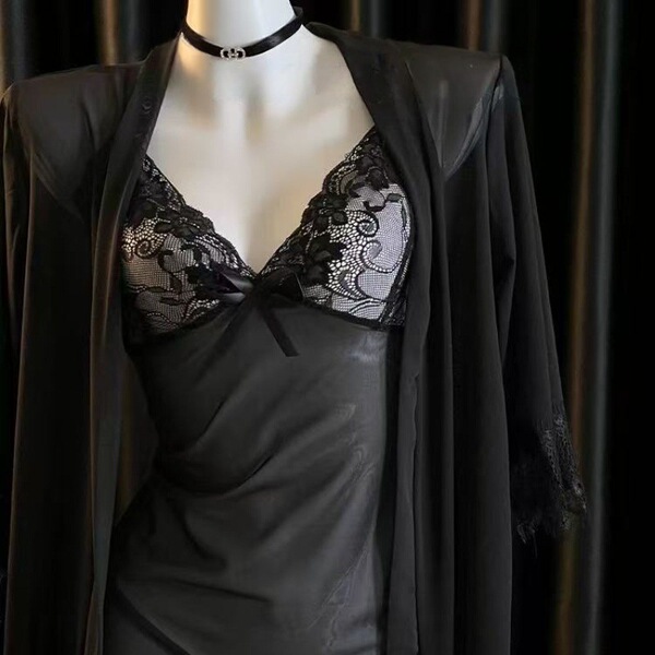 Sexy black lace sleepwear set with sheer mesh cami, shorts, and matching robe for women’s summer loungewear.