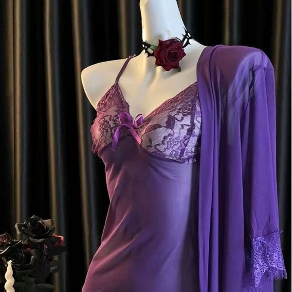 Purple lace sleepwear set with sheer mesh cami, shorts, and matching robe, styled on a mannequin with a rose choker.