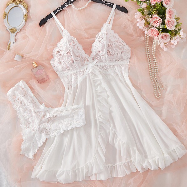 Sexy lace sleepwear set featuring high-slit design, elegant and flirty lingerie-inspired pajamas with delicate lace details a...