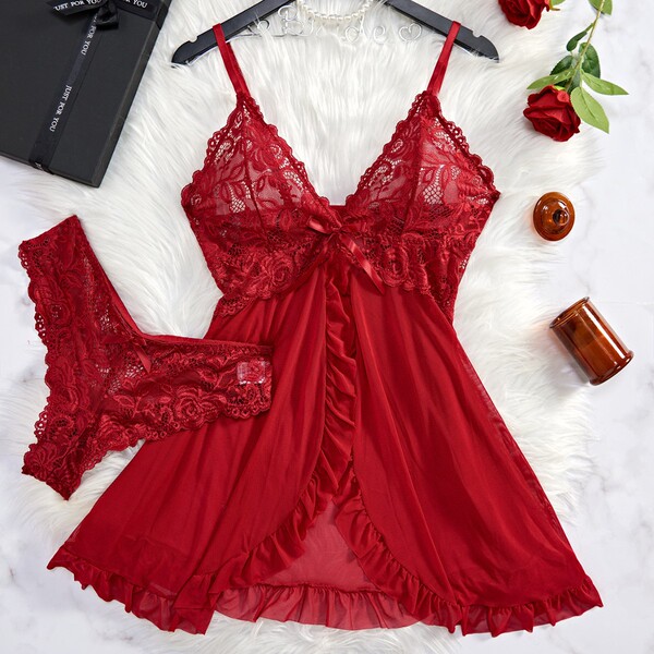 Sexy lace sleepwear set for women featuring high-slit matching nightgowns, elegant and flirty design with intricate lace deta...