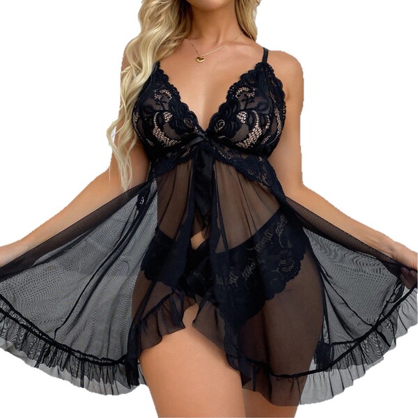 Sexy lace sleepwear set featuring high-slit design, elegant and flirty lingerie-inspired pajamas with intricate lace details.
