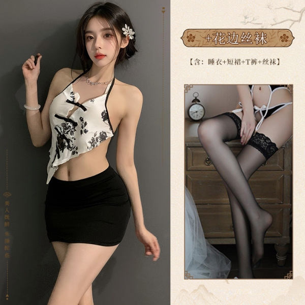 Sexy Secretary Outfit for Women - Halter Bodycon Skirt Set with Crop Top & Abstinence-Inspired Lingerie Ensemble - Sexy outfit + lace stockings