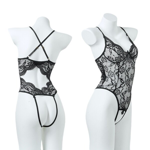 Sexy black lace teddy lingerie with sheer floral pattern, open-crotch design, and adjustable straps for women.