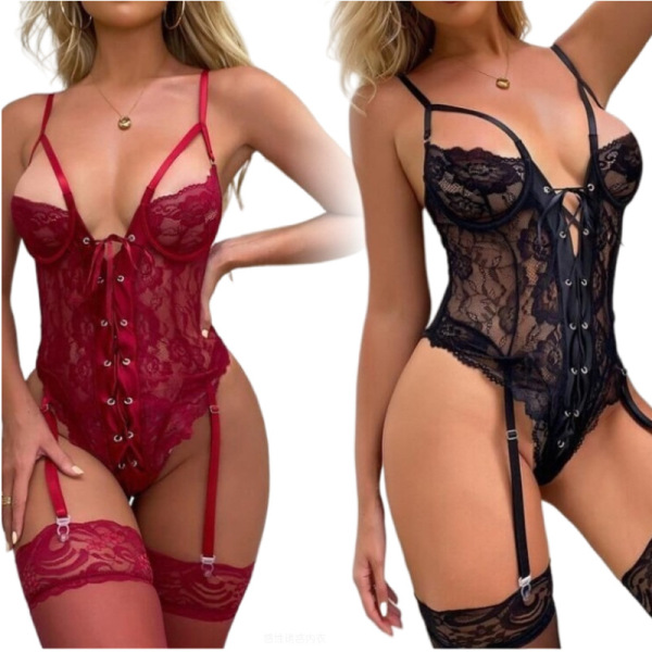 Sexy lace transparent sleepwear set in red and black, featuring elegant bodysuit design with garter straps for women.