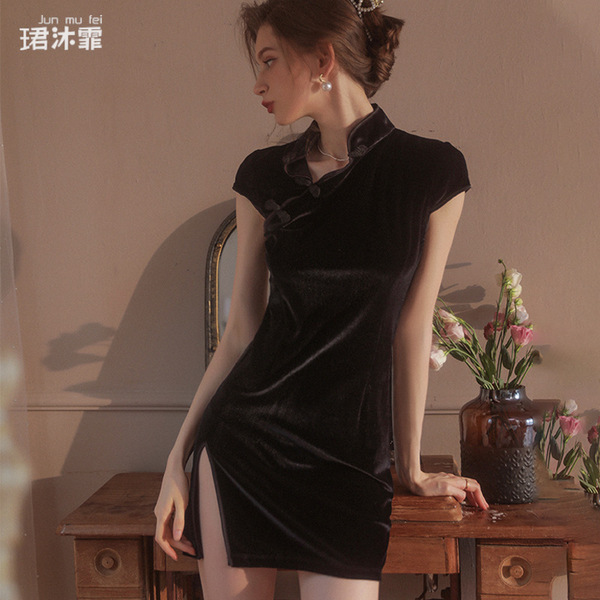 Elegant black velvet cheongsam sleep dress featuring lace trim, high slit, and cut-out details for plus-size allure.
