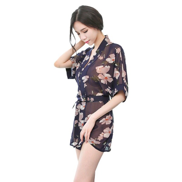 Sexy lace-trimmed chiffon robe sleepwear set featuring sheer kimono design with floral pattern, perfect nightwear for women.