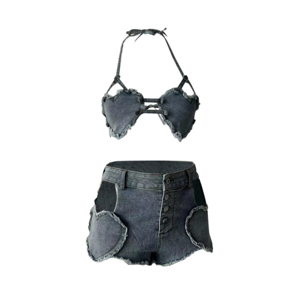 Sexy lace-trimmed denim short set with bralette, seductive no-remove bedroom outfit for women.