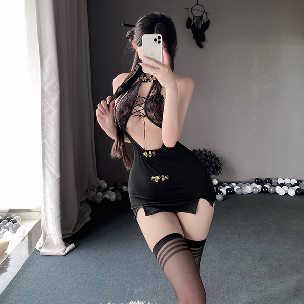 Sexy lace uniform dress for women featuring a tight fit cheongsam mini skirt with sheer mesh and strappy details, perfect for...