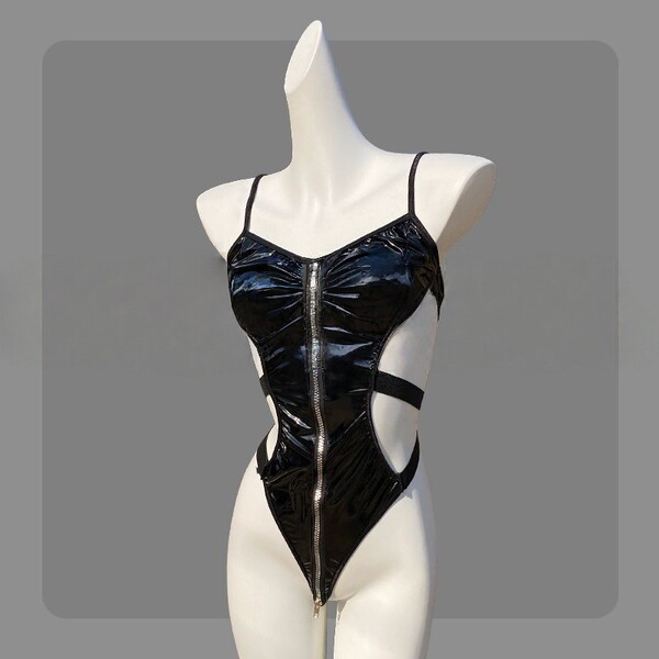 Sexy black latex-style backless bodysuit with front zipper and push-up design for provocative role play.