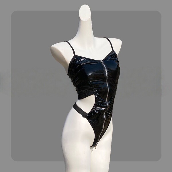 Sexy black latex-style backless bodysuit with zipper detail and push-up design for provocative role play.