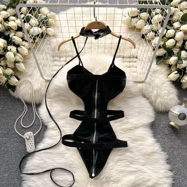 Sexy black latex-style backless bodysuit set with zipper detail, push-up design, and matching choker for provocative role pla...