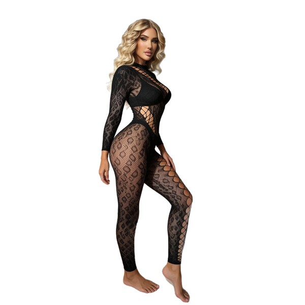 Woman modeling a sexy leopard lace bodysuit with sheer mesh, elegant one-piece erotic lingerie for women.
