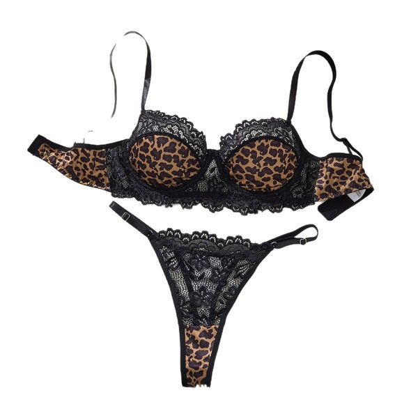 Sexy leopard print lace bra set with lightweight push-up design, featuring wild and alluring details for women.