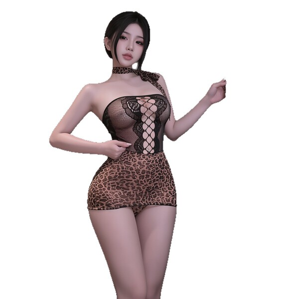 Woman wearing sexy leopard print lingerie set with sheer mesh bodice and elegant design for bedroom wear.