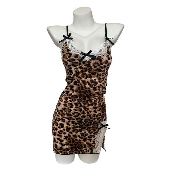 Sexy leopard print lingerie set for women – pure & seductive lace sleep dress with high slit & sheer chest detail