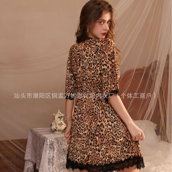 Sexy leopard print romper sleeprobe for women - plus size lace trim lounge robe, elegant at-home wear
