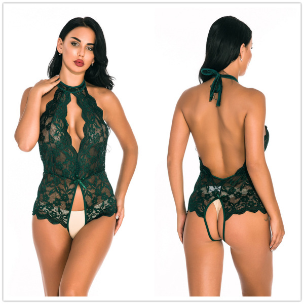 Woman modeling green lace open-crotch bodysuit with halter neck and backless design, front and back views.