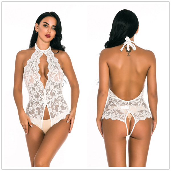 White lace open-crotch bodysuit with halter neck, front and back view.