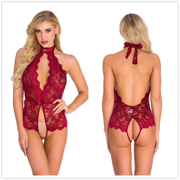 Red lace open-crotch bodysuit with halter neck and back tie, sexy lingerie for amazon, factory direct erotic sleepwear.