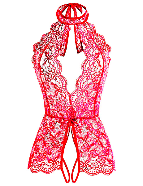 Red lace open-crotch bodysuit with floral patterns and halter neck, perfect for erotic sleepwear.