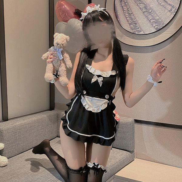 Sexy lingerie set: japanese lolita maid dress with backless strappy top & skirt, featuring black and white maid outfit with r...