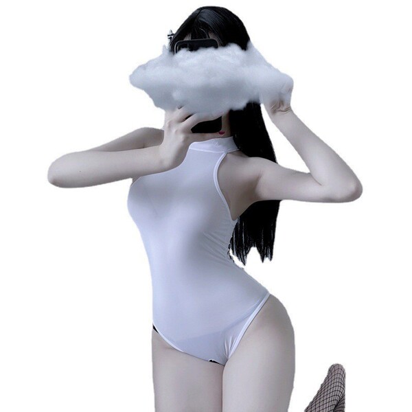A woman poses with a cloud covering her face, wearing a white bodysuit from the new sexy lingerie set. the outfit features a ...