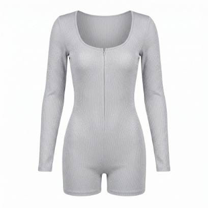 Gray ribbed long-sleeve bodysuit with front zipper, scoop neck, and open-crotch design for stylish confidence.