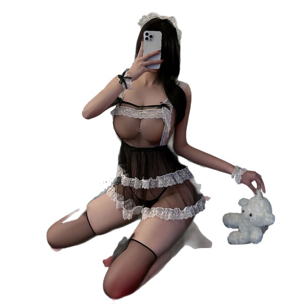 Woman in black lace maid lingerie set with white trim, holding phone and plush toy, kneeling pose.